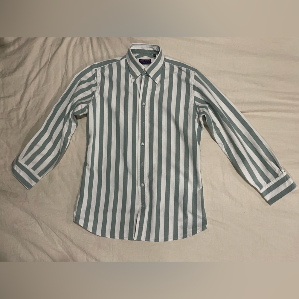 Spier & Mackay OCBD green and white wide stripes extra slim